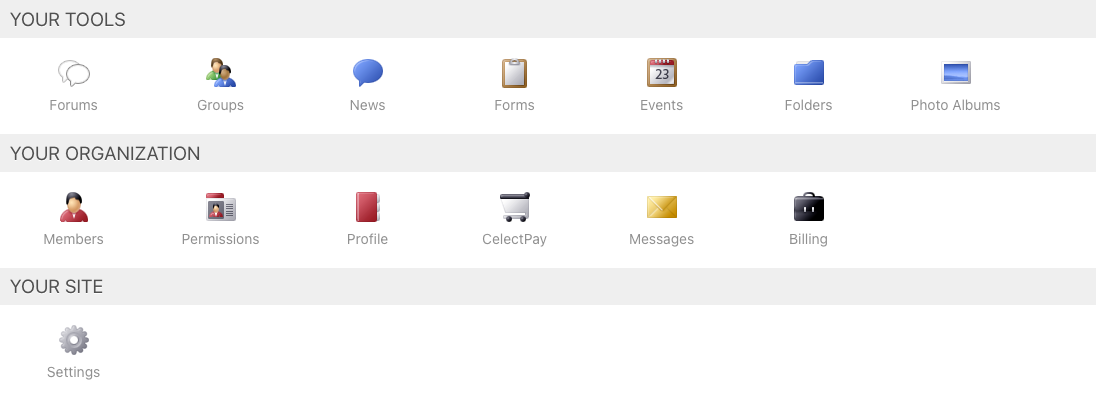 Celect control panel showing organization tools for members, permissions, forms, events, files, photos, and messages